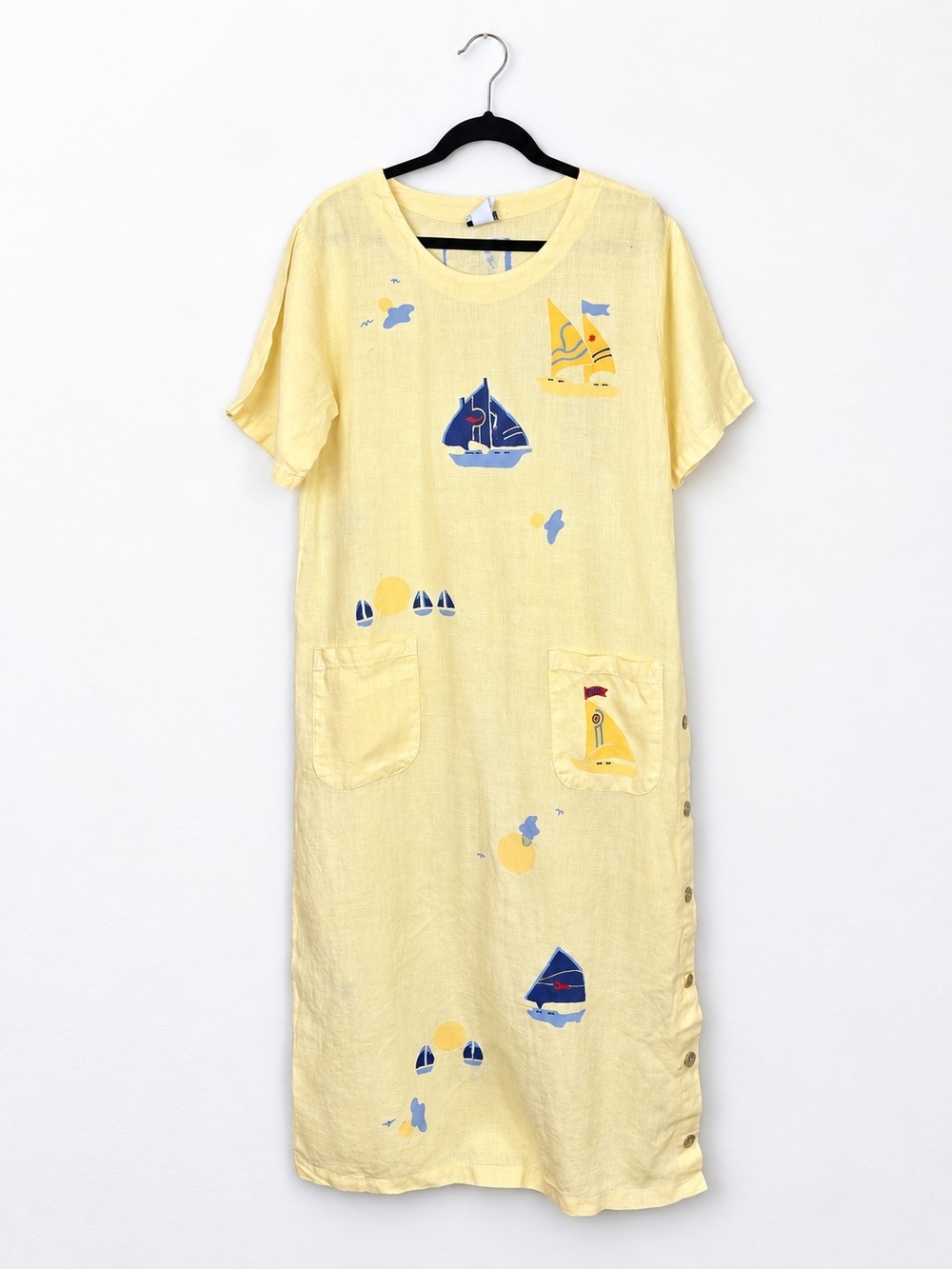 Vintage 90s Blue-Eyed Bear Linen Nautical Sailboat Maxi Dress Art to Wear L